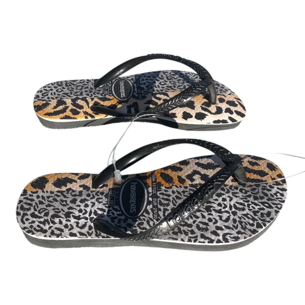 Havaianas Kids Leopard Print Flip Flops Black Strap, 11–12